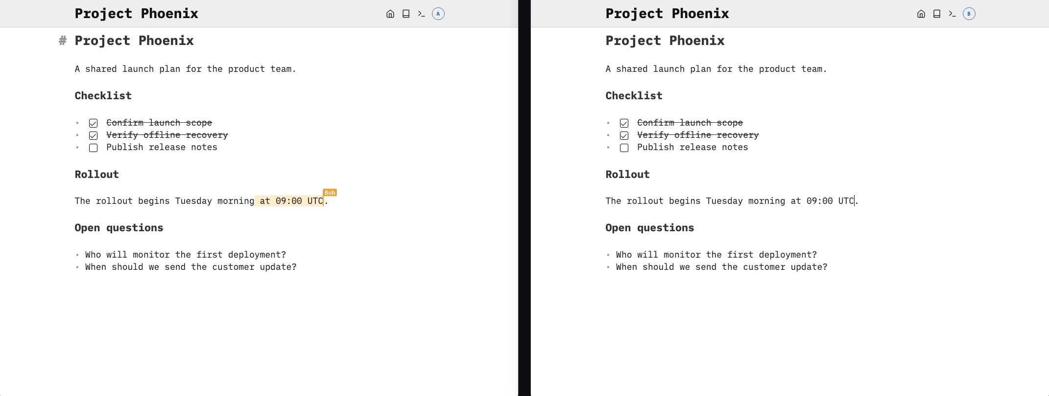 Collaborative edits highlighted across two windows