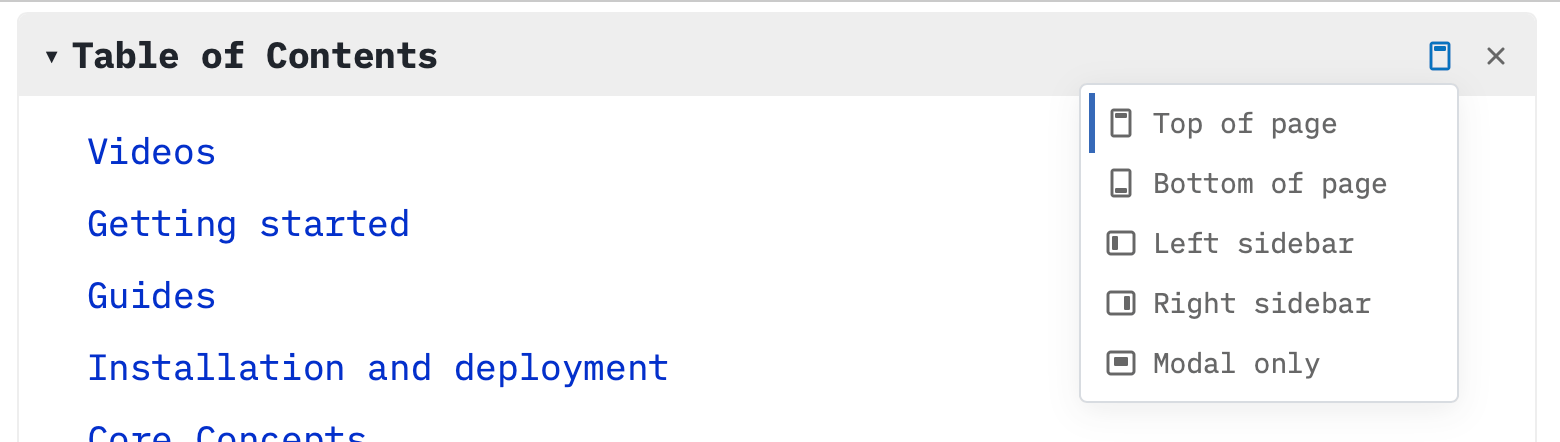Table of contents docking options